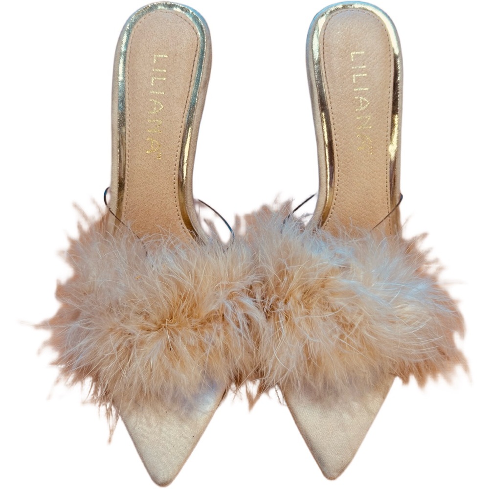 Tan feather trim stiletto heels